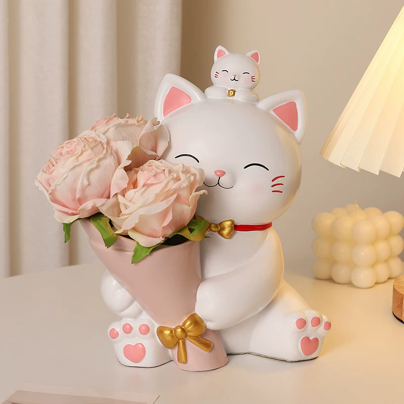 可爱捧花招财猫摆件客厅轻奢高档电视柜桌面装饰品生日礼物送女生