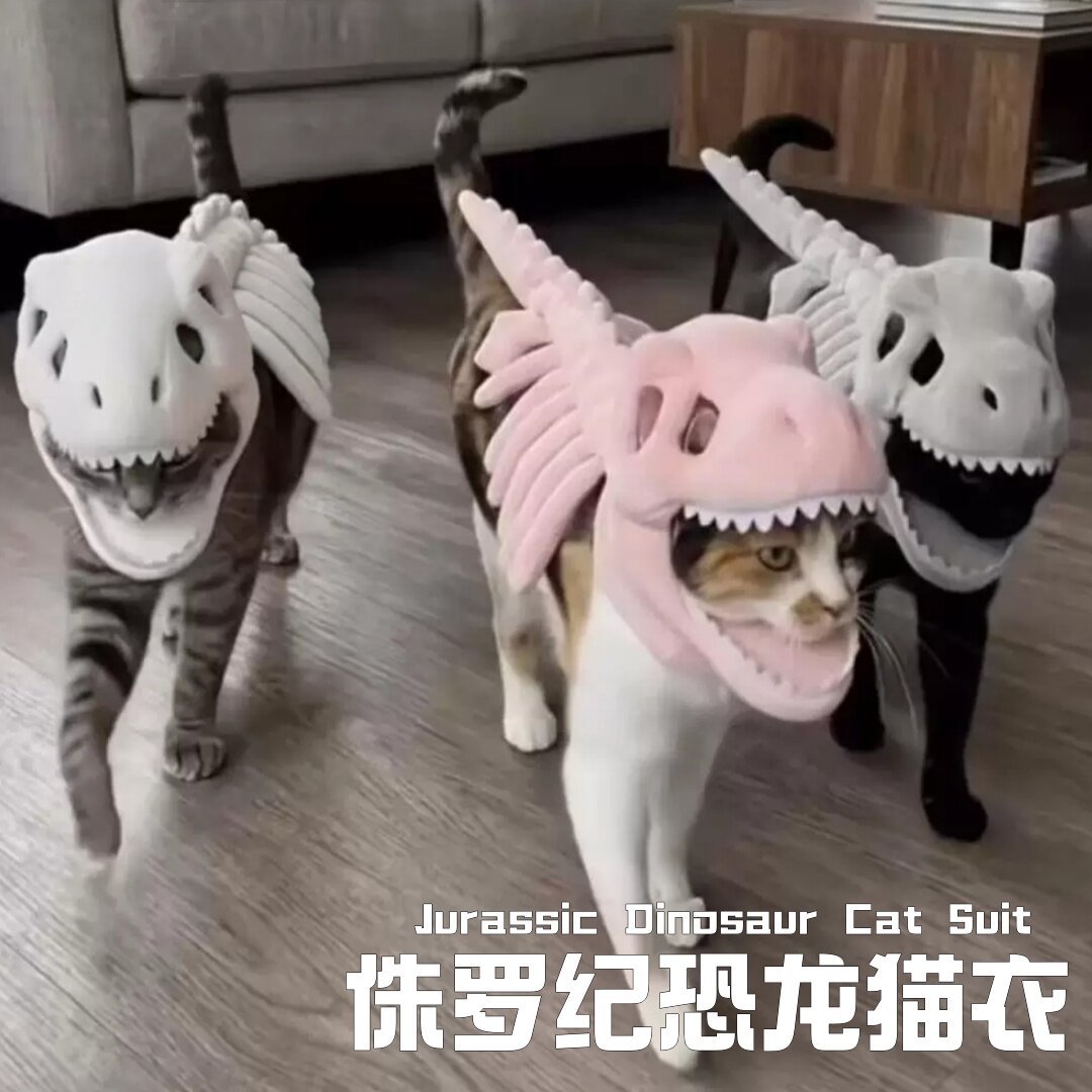 毛绒恐龙骨架猫头套拍照道具图片
