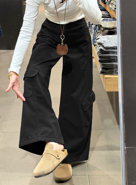 黑色美式加绒工装裤女秋冬季2025新款高腰复古百搭休闲阔腿弯刀裤