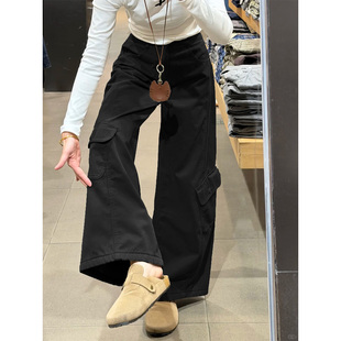黑色美式加绒工装裤女秋冬季2025新款高腰复古百搭休闲阔腿弯刀裤