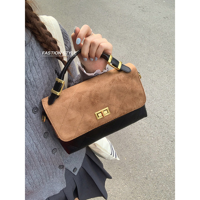 复古麂皮绒手提包小拎包包女2025新款小方包简约斜挎菱格链条包