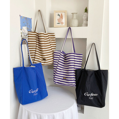 复古小众条纹双面包尼龙高级感美式单肩包松弛感春夏大容量帆布袋