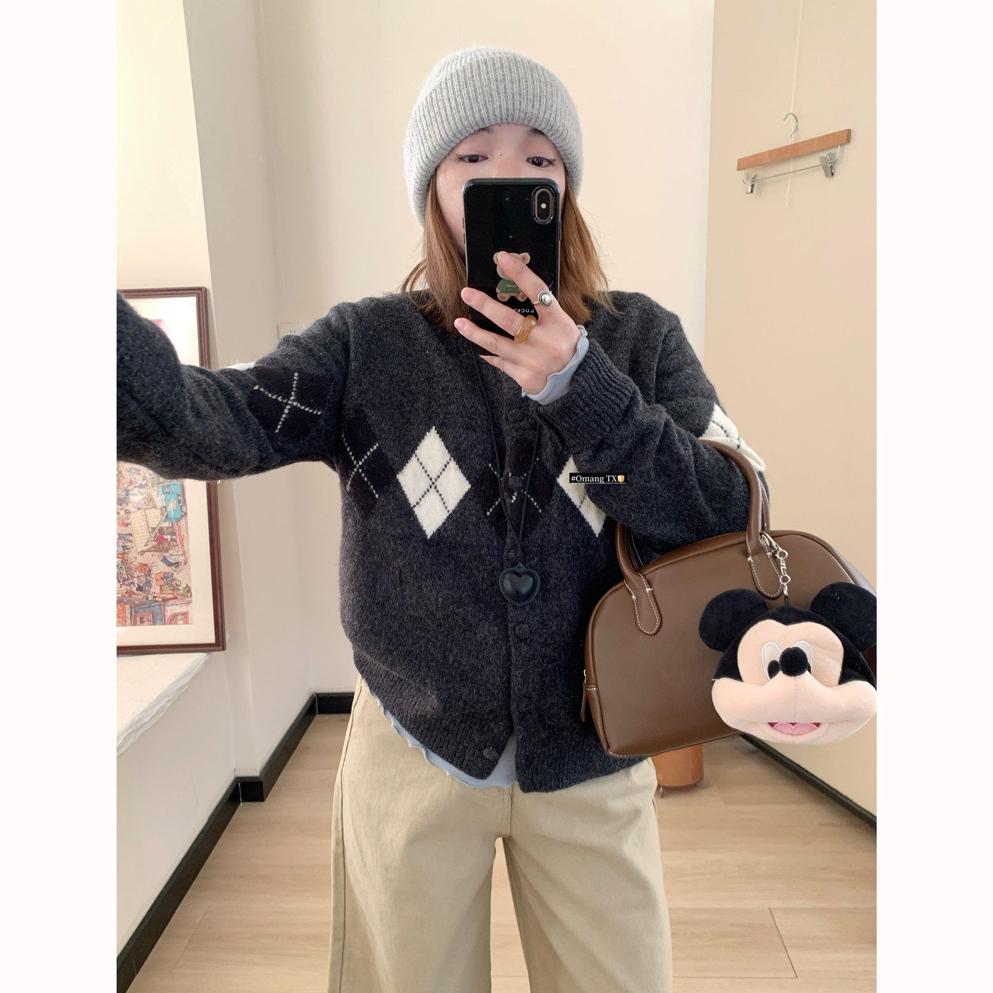 Omang桃喜 菱形格拼色毛衣开衫女秋冬韩系设计感学院风针织外套,个性定制/设计服务/DIY,棉服工装,淘宝优惠券,粉丝福利购,淘宝优惠卷