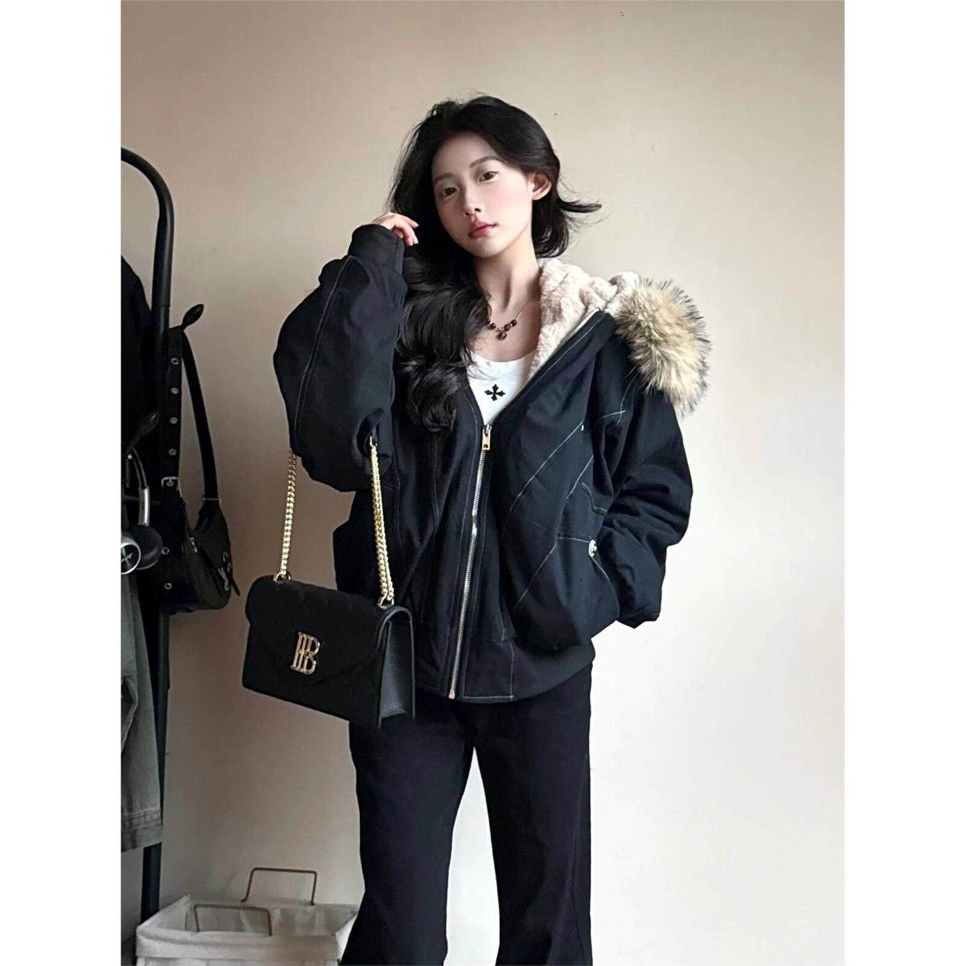 国潮座山雕大毛领棉服女2025冬季派克服宽松加厚加绒短款工装外套,个性定制/设计服务/DIY,棉服工装,淘宝优惠券,粉丝福利购,淘宝优惠卷