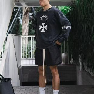 PTOFF 潮流十字架美式复古重磅水洗宽松春季短宽boxy版型长袖上衣