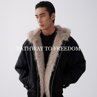 PTOFF【座山雕】加绒加厚麂皮长绒棉仿皮草毛领保暖棉服拉链外套