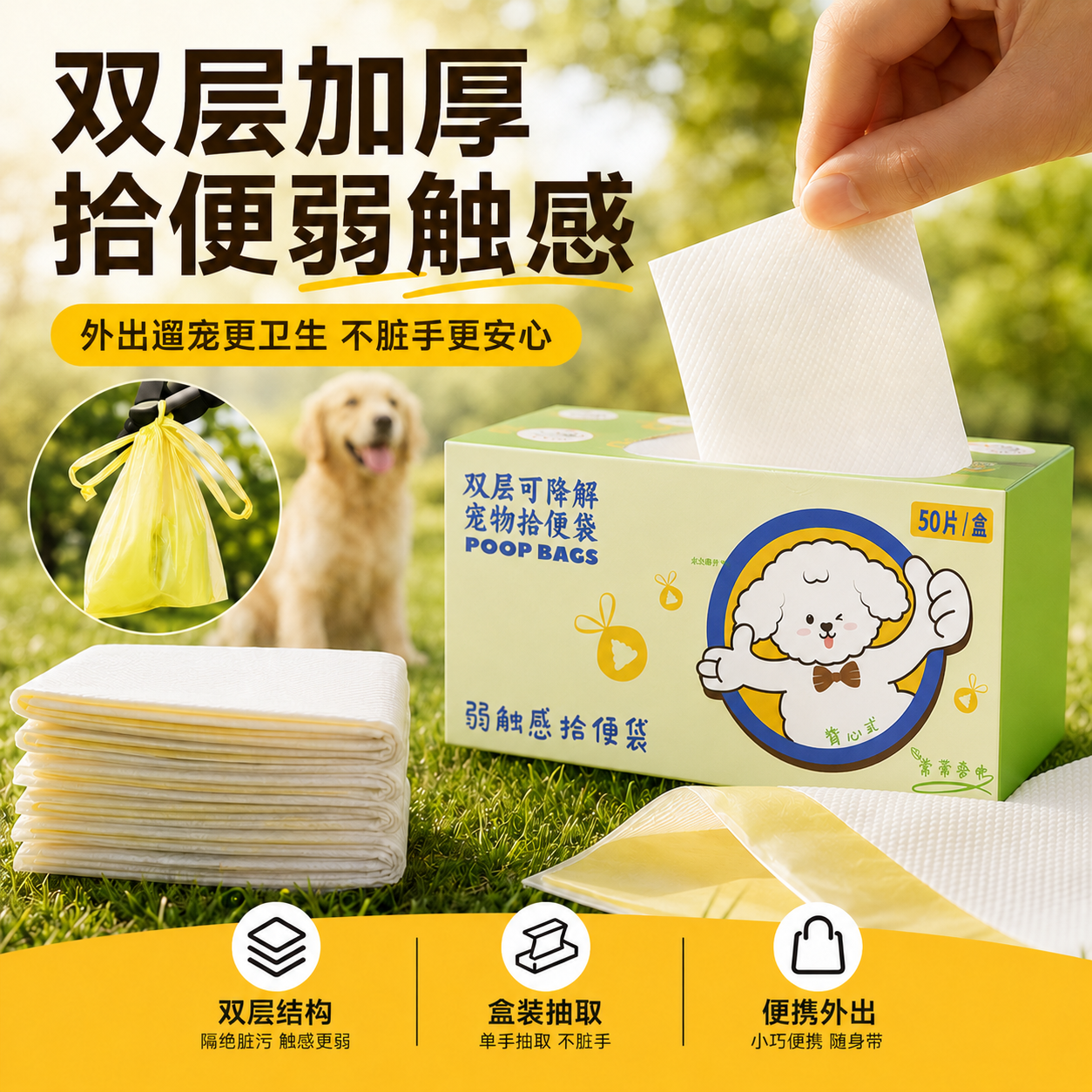 狗狗捡屎袋降解猫砂袋背心提手袋一次性拾便袋双层纸巾宠物垃圾袋