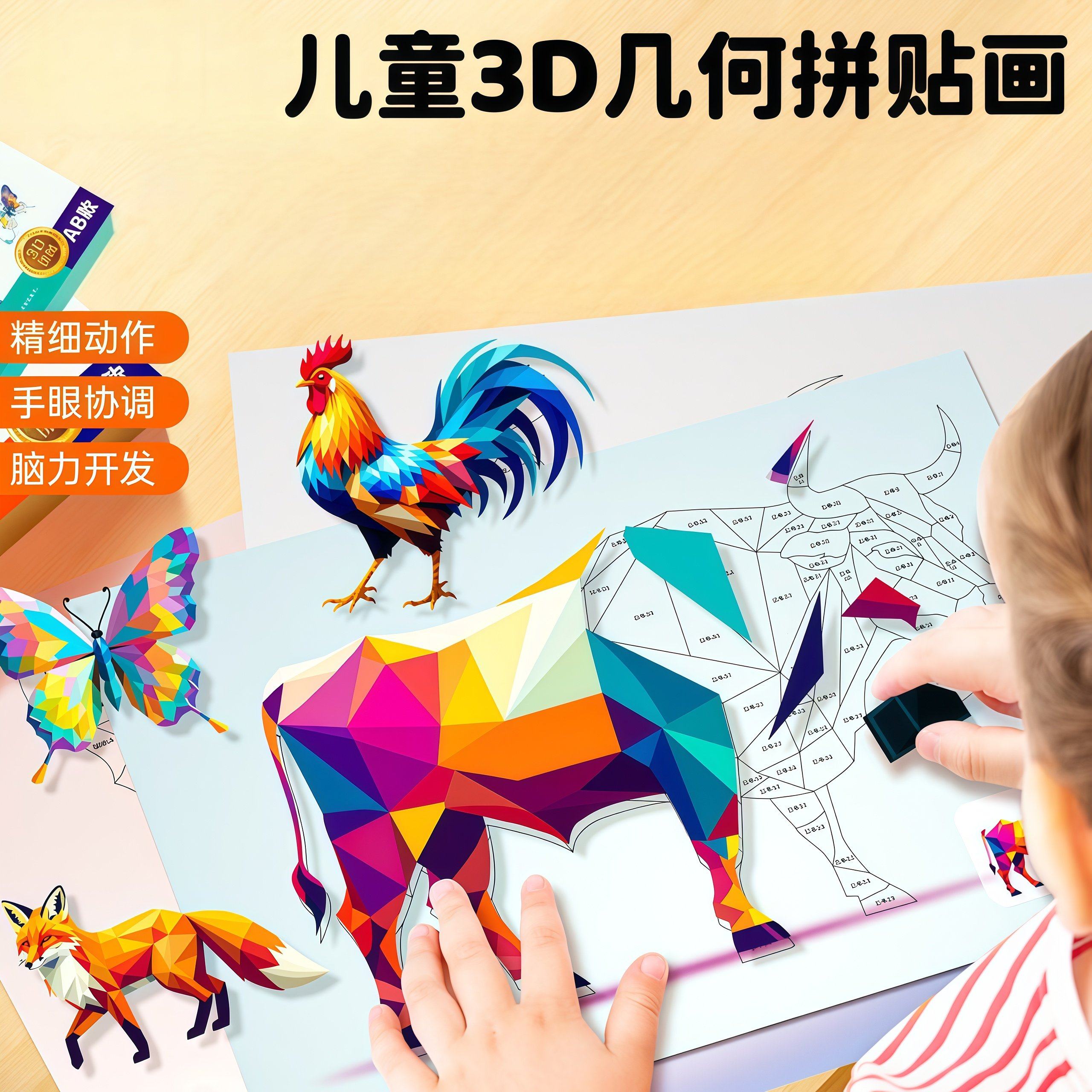 3D立体几何拼贴画儿童幼儿园卡通手工创意益智可爱贴纸拼粘画玩具,玩具/童车/益智/积木/模型,拼图/拼板,淘宝优惠券,粉丝福利购,淘宝优惠卷