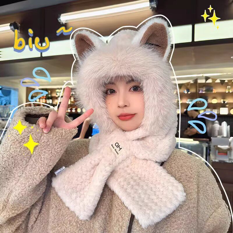 可爱狐狸耳朵毛绒帽子围巾一体女冬季护耳保暖帽学生围脖防寒防风
