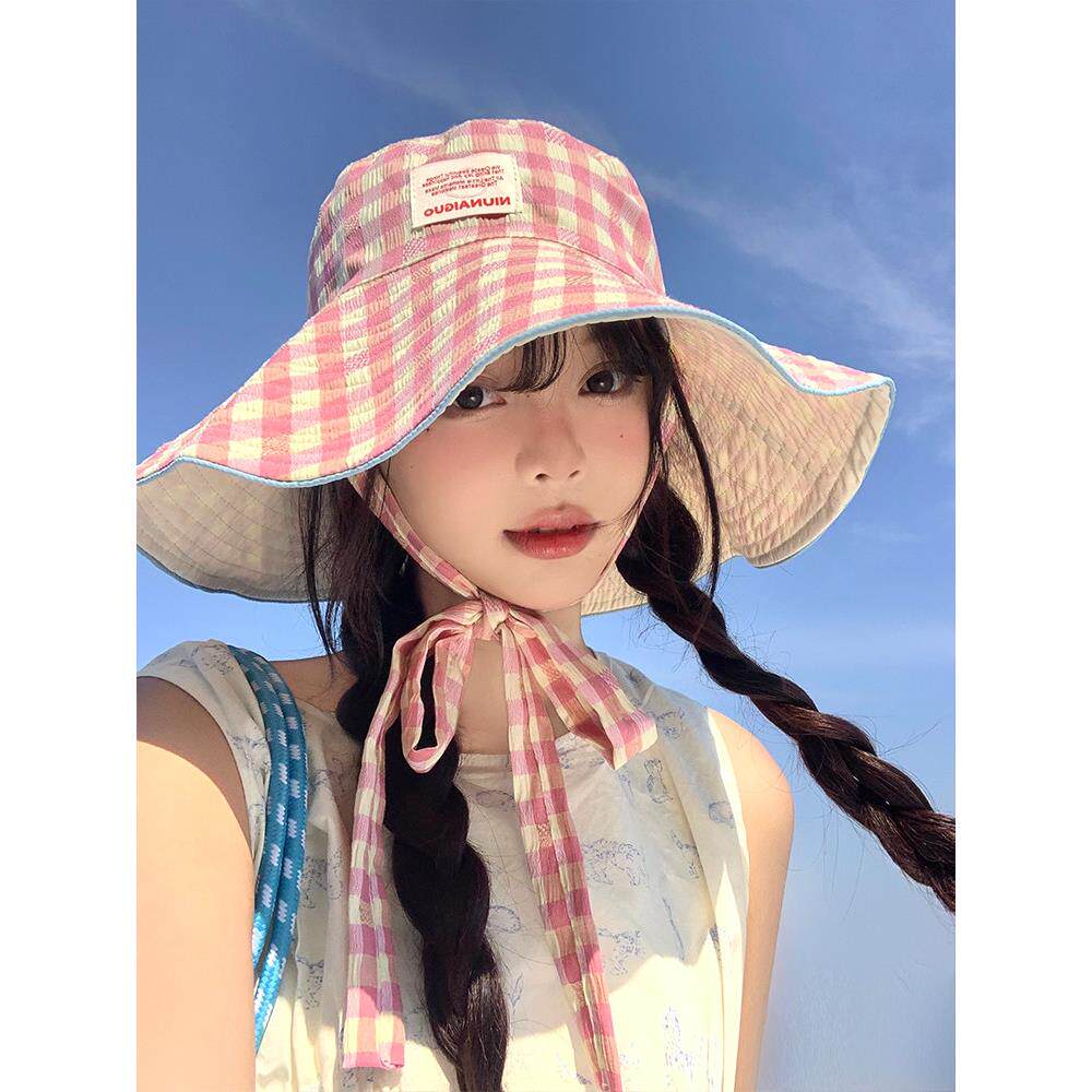 韩版格纹宽边系带渔夫帽女款夏季大帽檐显脸小遮阳帽子防晒帽盆帽