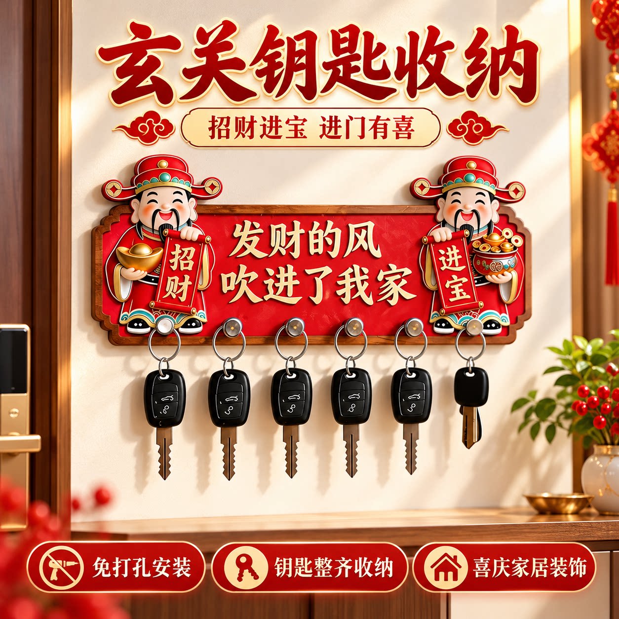 招财财神免打孔挂钩木制钥匙入户玄关墙上收纳挂架无痕粘贴门装饰