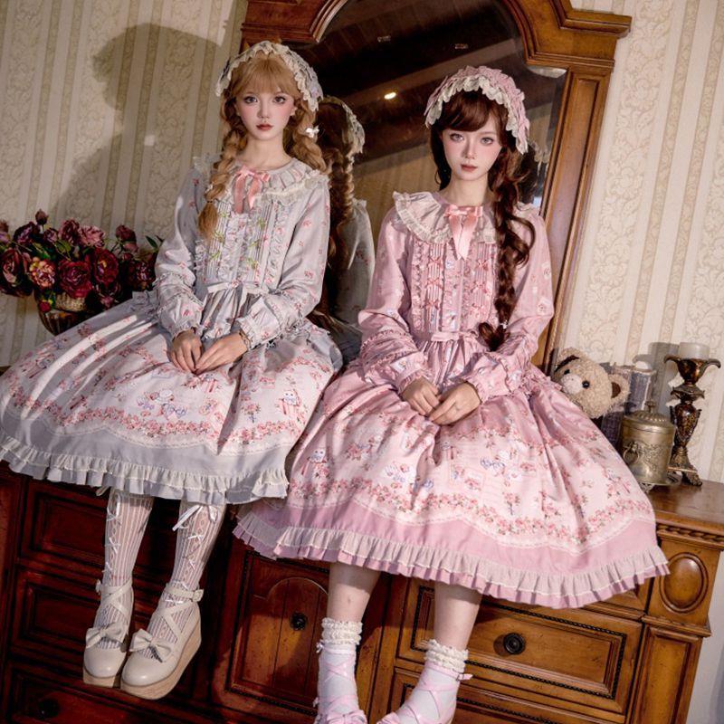 可爱胖女孩Lolita长袖碎花Cla优雅OP连衣裙洛丽塔洋装显瘦长裙子