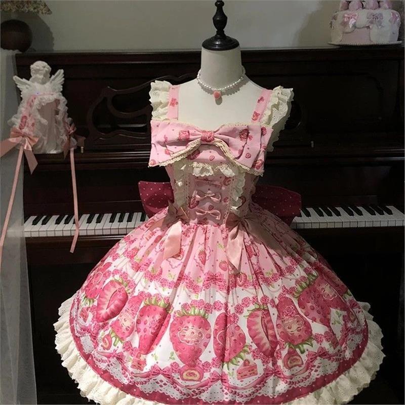 【莓枝雾语】青柚雾枝Lolita粉色草莓印花洛丽塔连衣裙甜美蓬蓬裙