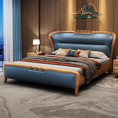 乌金木头层牛皮床新中式全实木高端主卧双人真皮床奢华软包婚床