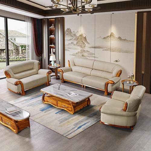 乌金木真皮沙发组合现代新中式头层牛皮高端别墅客厅家用实木沙发