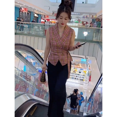 2025优雅气质时尚粉色格纹无袖女