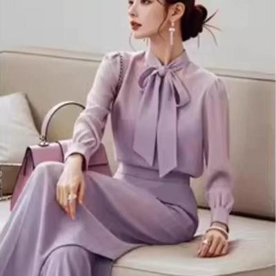 2025新款气质轻奢高级感女人味紫色衬衫阔腿裤子两件套装女装初秋