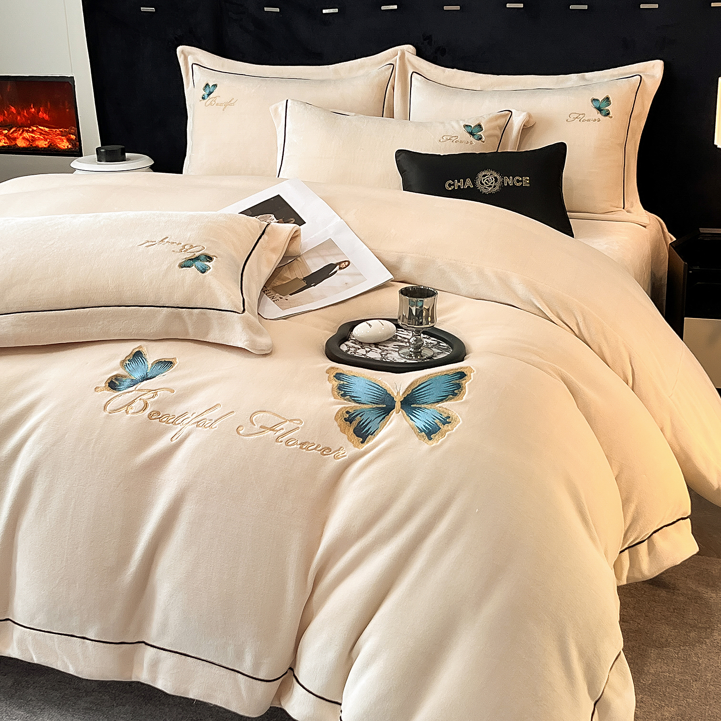 FUANINAIART高端绣花牛奶绒刺绣四件套蝴蝶加厚床单床笠四件套