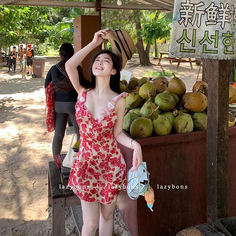 吊带衣裙女连夏裙高级感玫瑰印花YS08251绑带收a字性感露背度假风