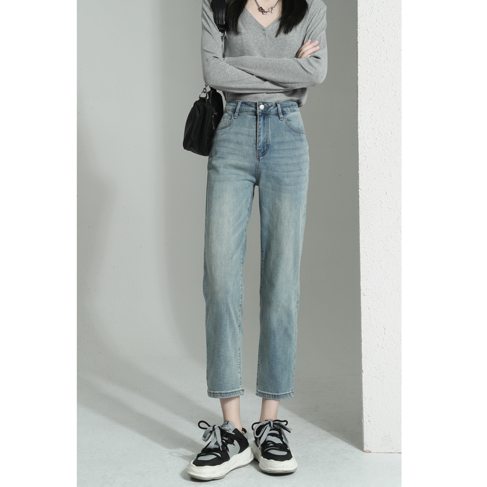 直筒牛仔裤女2025新款爆款春夏高腰宽松显瘦浅色九分窄版烟管裤子