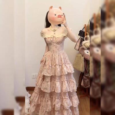 法式甜美粉色碎花洋装女夏日绝美温柔仙女公主蛋糕裙蓬蓬长裙子