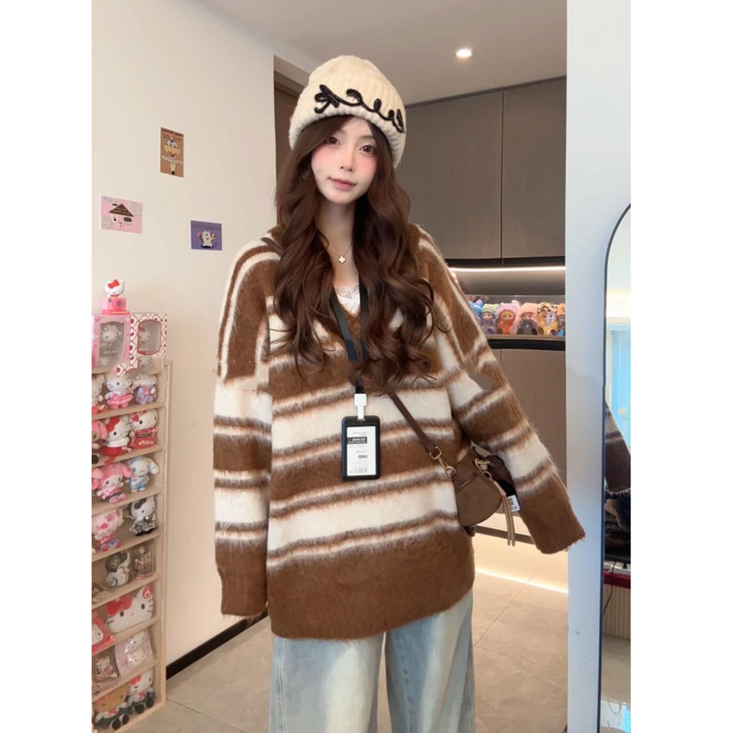 超好看撞色条纹马海毛毛衣女秋冬慵懒风高级感宽松软糯针织衫上衣