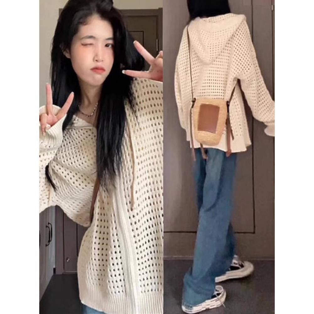 镂空设计感连帽外搭薄款外套韩版春秋慵懒拉链罩衫针织开衫上衣女