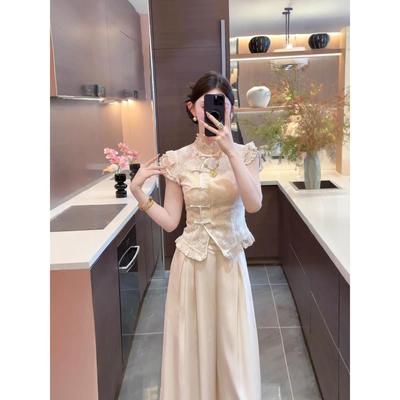 新中式国风套装女夏季大码胖mm旗袍盘扣上衣阔腿裤禅意气质两件套