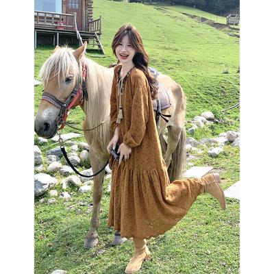 咖色美拉德长袖连衣裙女秋季2025新款西藏川西云南旅游穿搭长裙子