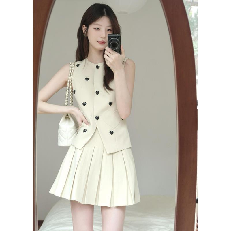 小香风气质爱心修身西装马甲背心百褶半身短裙裙子套装女夏季裙装