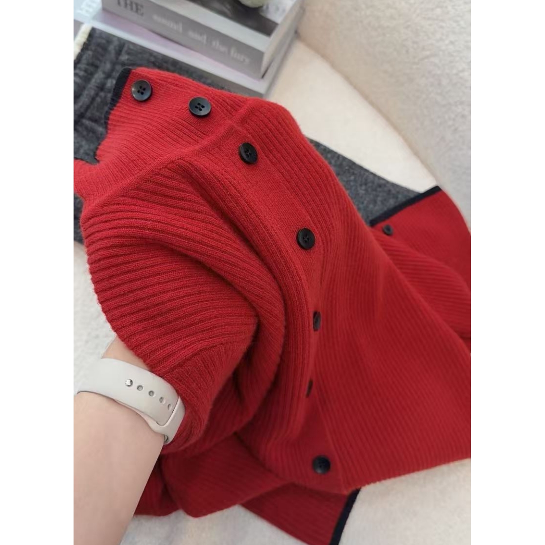 丽姐家~珊瑚红洋气针织开衫上衣长袖网红百搭外穿宽松加厚秋冬