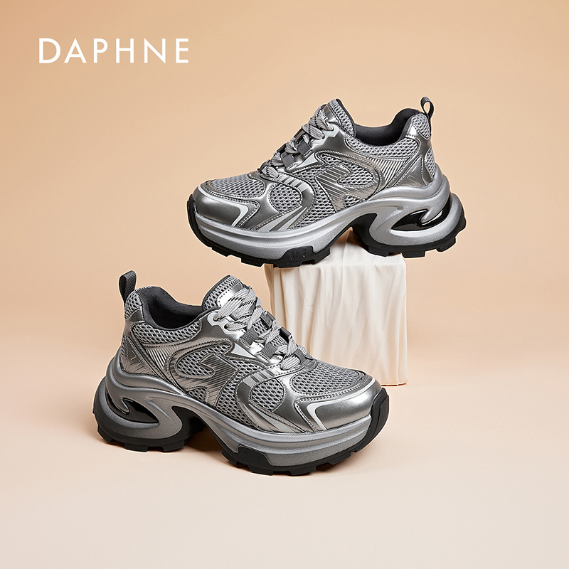 达芙妮灰色厚底老爹鞋女2025秋新款网面透气运动鞋增高复古休闲鞋