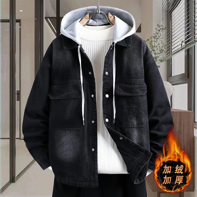 秋冬季做旧复古牛仔外套男士2025新款加绒加厚夹克男款青少年棉衣