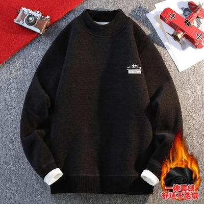 冬季半高领毛衣男款2025新款内搭针织衫青少年加厚一体绒套头线衣