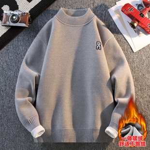 一体绒半高领毛衣男冬季初高中生针织打底衫青少年加绒加厚毛线衣