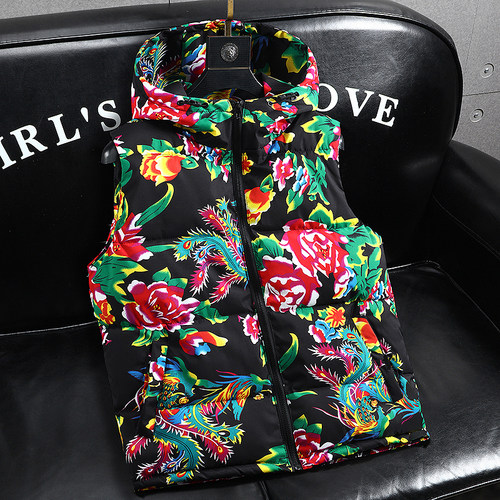 加厚中国风花棉马甲男秋冬季连帽羽绒棉坎肩背心时尚潮流无袖外套