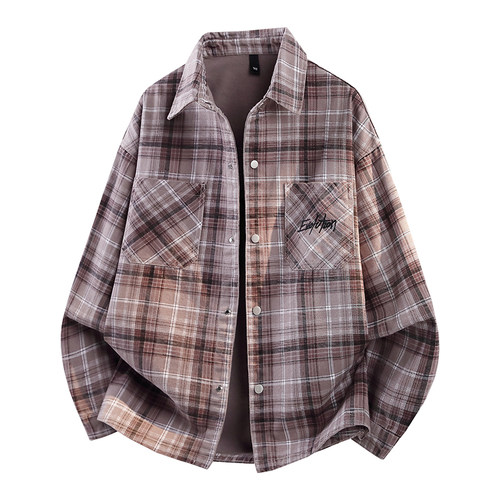 高级感格子长袖衬衫男青少年春秋季牛仔外套2026新款刺绣翻领夹克