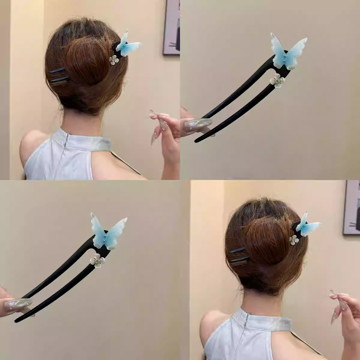 玉兰蝴蝶u型檀木发簪发钗
