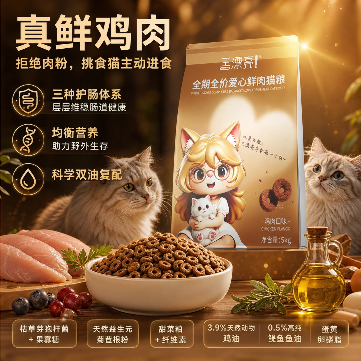 王漂亮全期全价爱心鸡肉猫粮美毛健康护眼5kg 10斤装家用猫咪