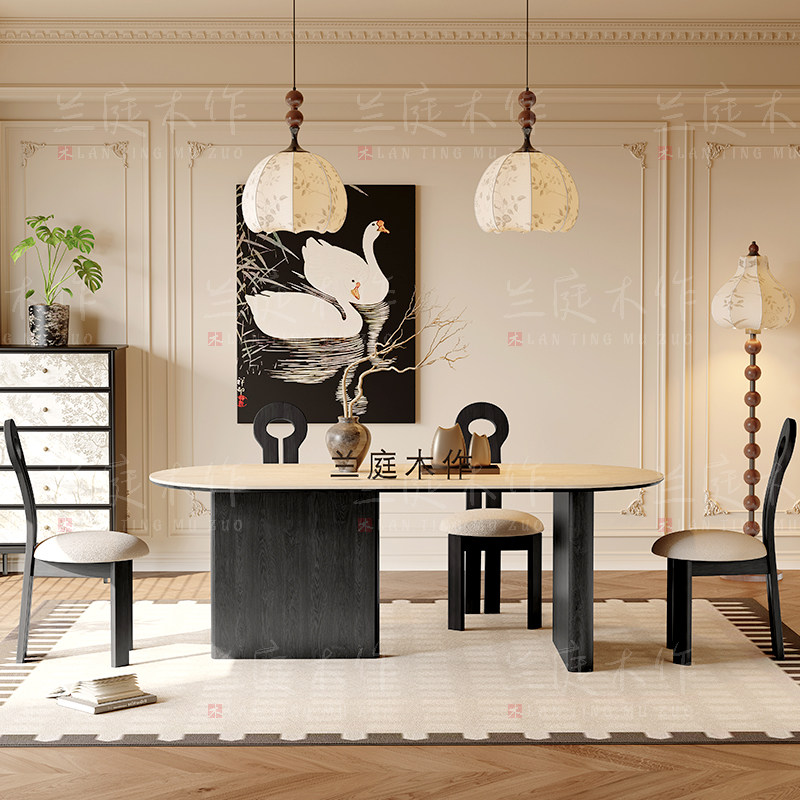 中古风岩板洞石法式餐桌家用小户型轻奢奶油半圆椭圆形餐桌子客厅,住宅家具,岩板餐桌,淘宝优惠券,粉丝福利购,淘宝优惠卷