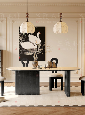 中古风岩板洞石法式餐桌家用小户型轻奢奶油半圆椭圆形餐桌子客厅