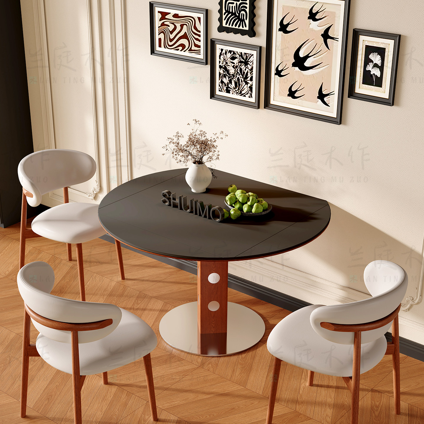 德利丰洞石岩板伸缩餐桌家用小户型实木包豪斯折叠桌方圆两用饭桌