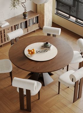 法式奶油复古风实木德利丰岩板家用黑色窈窕饭桌胡桃色圆餐桌椅子