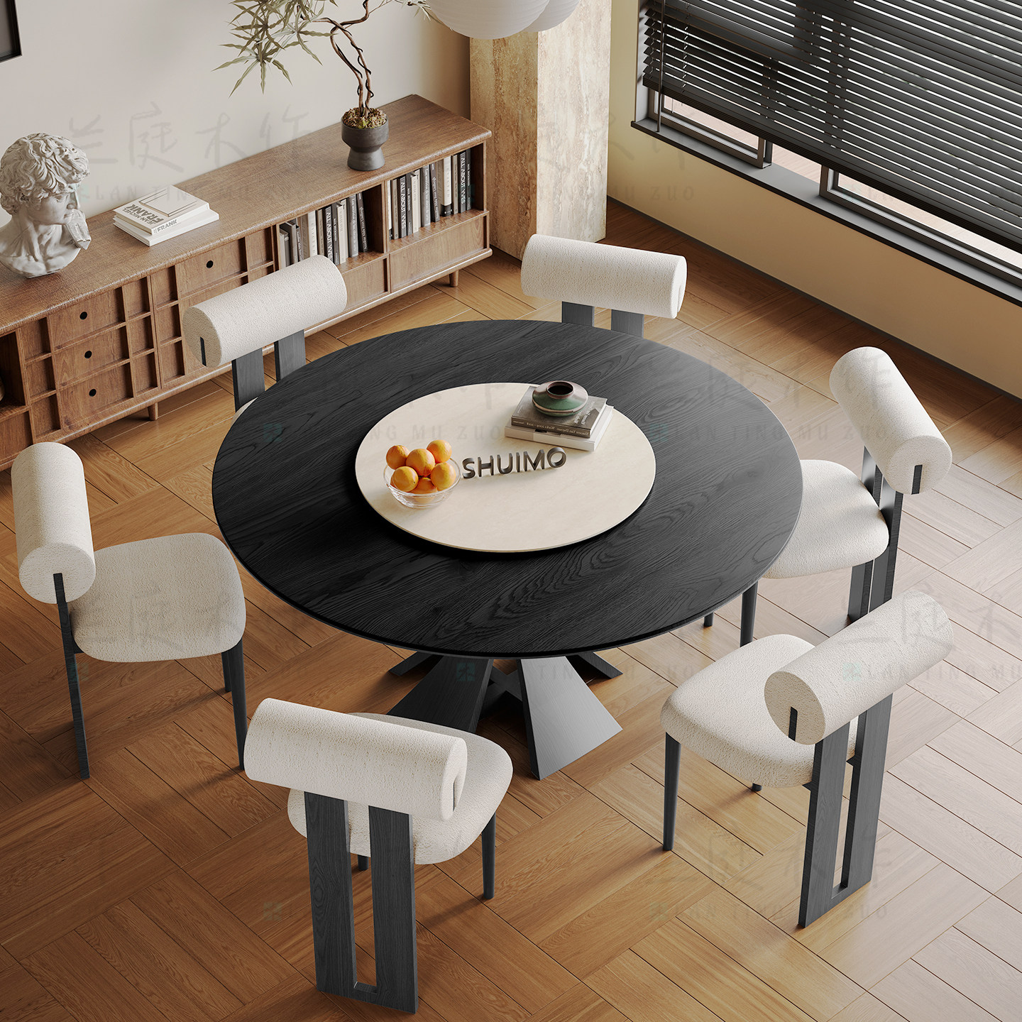 法式奶油复古风实木德利丰岩板家用黑色窈窕饭桌胡桃色圆餐桌椅子,住宅家具,岩板餐桌,淘宝优惠券,粉丝福利购,淘宝优惠卷