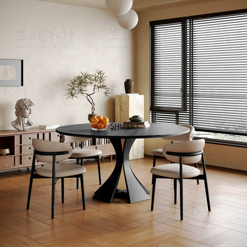 法式奶油复古风实木德利丰岩板家用黑色窈窕饭桌胡桃色圆餐桌椅子