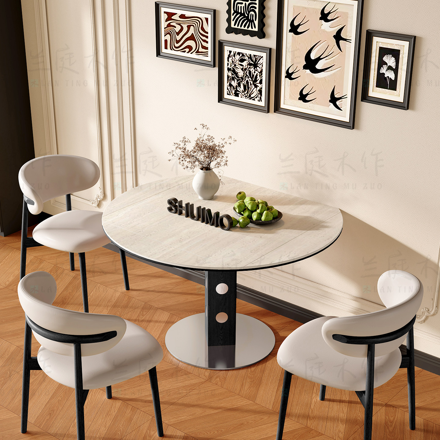 德利丰洞石岩板伸缩餐桌家用小户型实木包豪斯折叠桌方圆两用饭桌