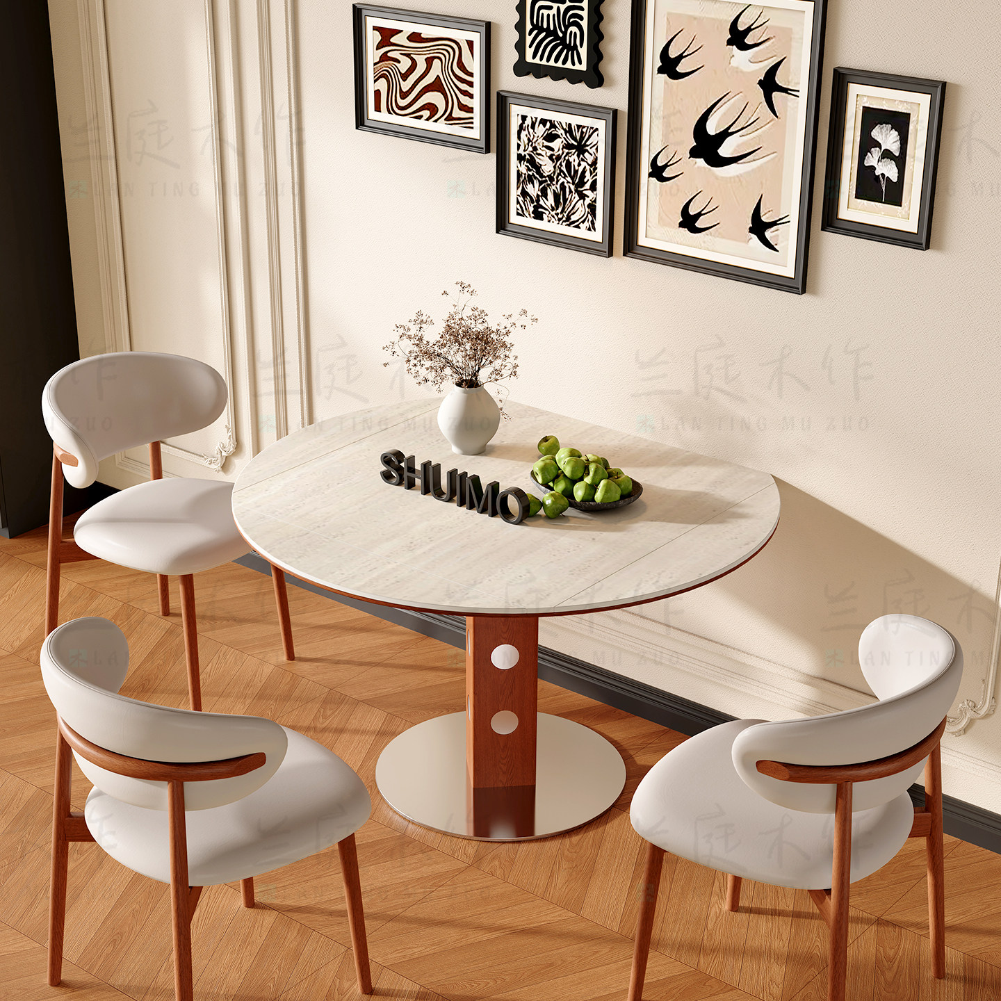 德利丰洞石岩板伸缩餐桌家用小户型实木包豪斯折叠桌方圆两用饭桌