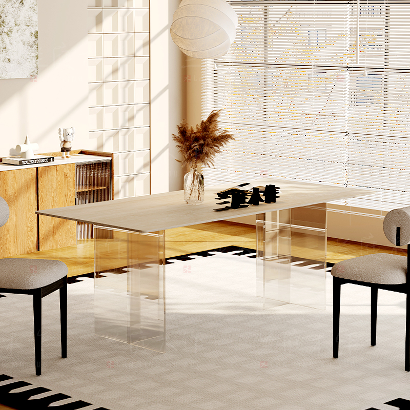 亚克力岩板洞石法式餐桌家用小户型轻奢奶油半圆长方形餐桌子客厅