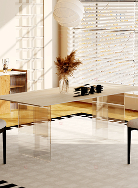 亚克力岩板洞石法式餐桌家用小户型轻奢奶油半圆长方形餐桌子客厅