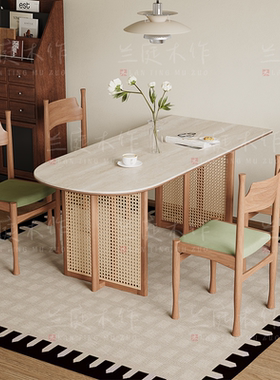 中古风岩板洞石法式餐桌家用小户型轻奢奶油半圆半岛形餐桌子客厅